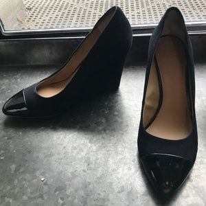 Black suede cap toe wedge